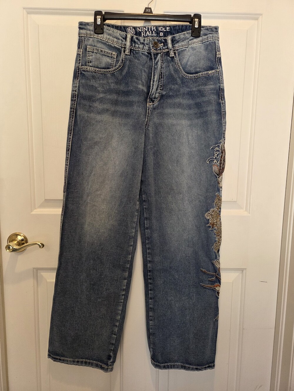 Ninth Hall Idle Wide Leg Embroidered Jeans Size 8 Koi Fish Crane Floral Y2K